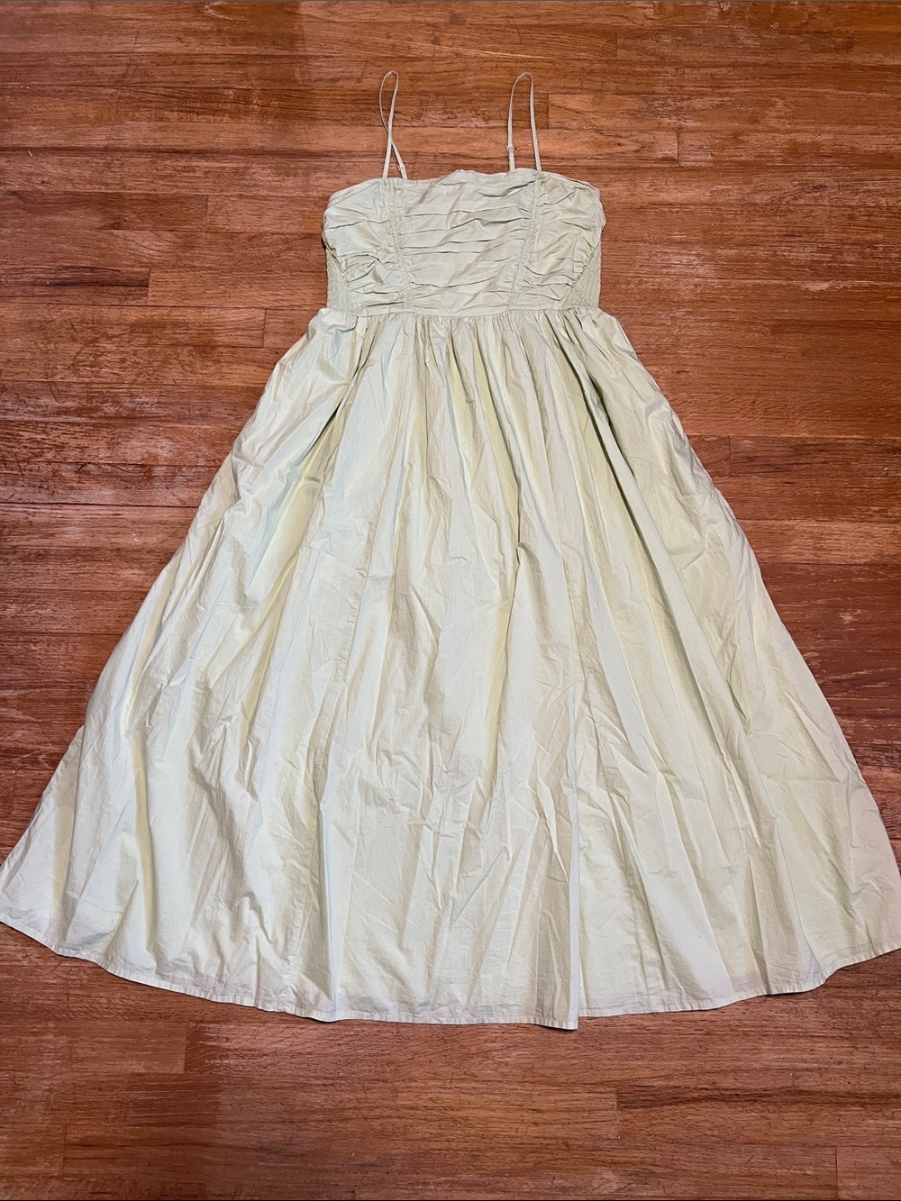 American Eagle Light Green Ruched Cotton Poplin Midi Dress size large